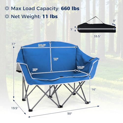 COSTWAY Double Camping Chair for 2, Oversized Folding Loveseat with Armrests, Dual Cup Holders & Carry Bag – Heavy-Duty Po...
