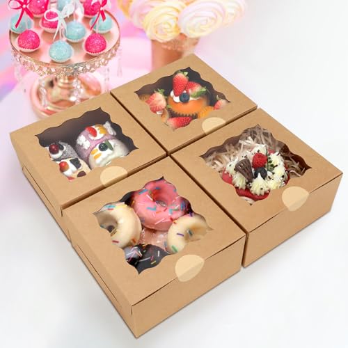 HawHawToys 60 pcs Bakery Boxes with Window, 6 x 6 x 3 inches, Kraft Cookie Boxes Pastry Boxes for Baked Goods (Brown)