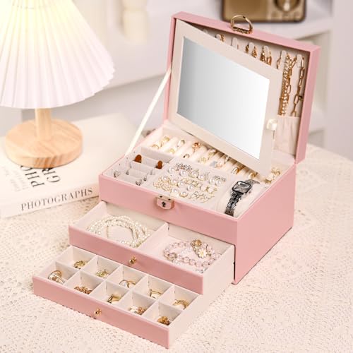 Emazerom 3 Layer Jewelry Boxes Large Jewelry Holder Organizer Case with 2 Jewelry Organizer Drawer PU Necklace Organizer L...