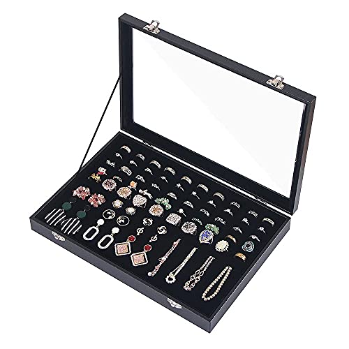 Ausalivan Ring Holder Organizer Box, Jewelry Display Case, Earring Necklace Storage Tray With Top Glass Lid (Black, 100 Sl...