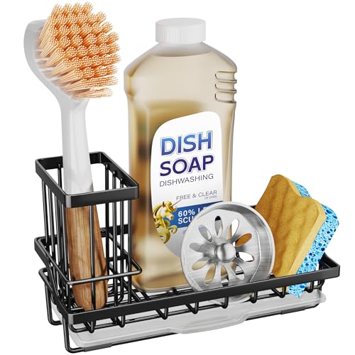 SWTYMIKI Sink Caddy Sponge Holder - Kitchen Sink Organizer with High Brush Holder for Countertop to Hold Dish Soaps and Sp...