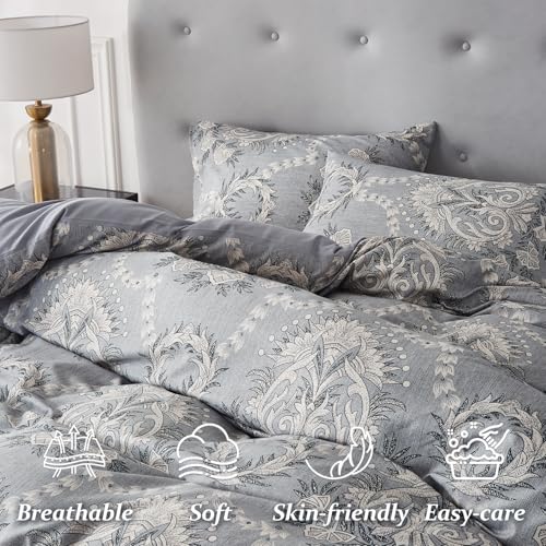 Grey Floral Duvet Cover Set Full Size Bedding Quilt Comforter Cover Reversible Duvet Covers Microfiber Bedspread Floral Be...