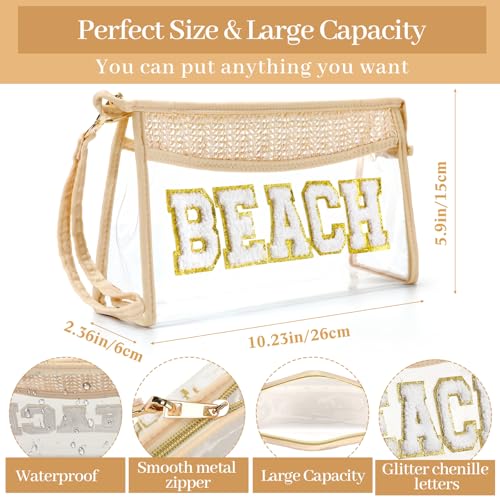 Aliceset 2 Pack Crochet Mesh Beach Tote Bag with Letter Patch Pocket Summer Beach Tote Bohemian Straw Transparent Bag