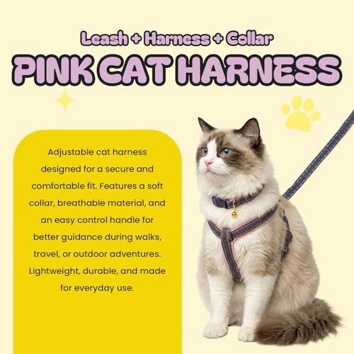 Adopet Adjustable Cat Harness, Leash and Collar Set for Medium Cats, Lightweight Breathable Walking Harness with Matching ...