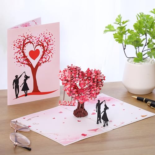 Pop Up Anniversary Card, 3D Love Tree Hearts Couple Wedding Card for Her, Wife, Husband, Him, Couple; Ideal Gift for Weddi...