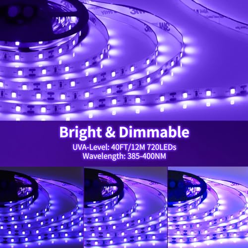 Dimmable Black Light Strip Kit 40ft/12M 720 LEDs, 12V Flexible Blacklight Fixtures, 385nm-400nm, Black Light LED Strips fo...