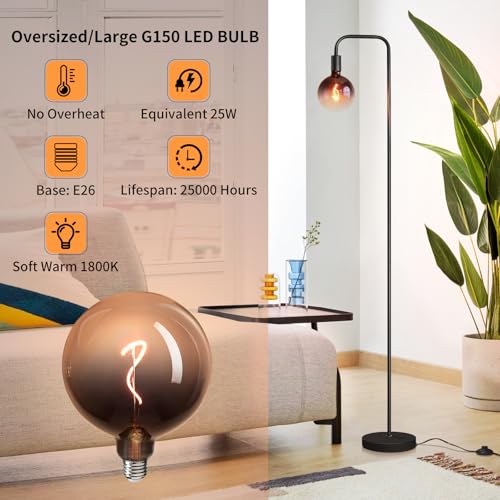 ONEWISH Floor Lamp for Living Room - Minimalist Industrial Standing Lamp with Modern LED Bulb, Globe Black Clear Glass 6",...