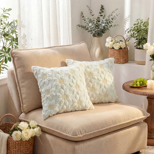 AVOIN colorlife Spring Summer Cream White Sunflower Throw Pillow Covers Set of 2, 18 x 18 Inch Seasonal Flora Farmhouse De...