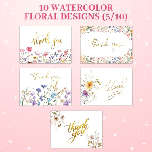 Decorably 50 Pack Gold Foiled 6x4in Wildflower Thank You Cards Wedding with Envelopes and Stickers, 10 Folded Watercolor F...