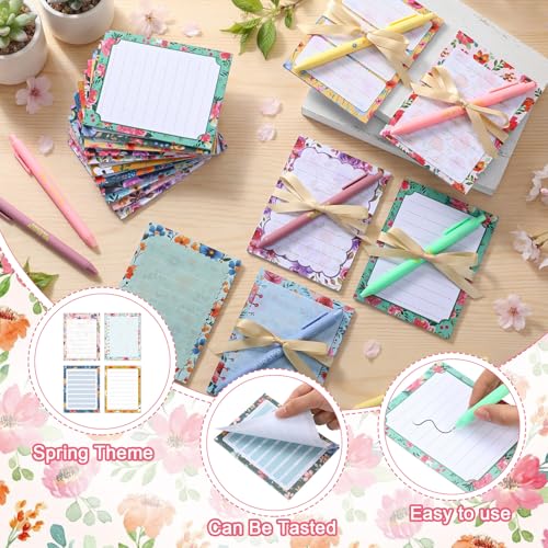 Marspark 108 Pcs Spring Gifts Bulk Flower Sticky Notes with Pens and Ribbons Floral Notepads Self-Adhesive Memo Pads Ballp...
