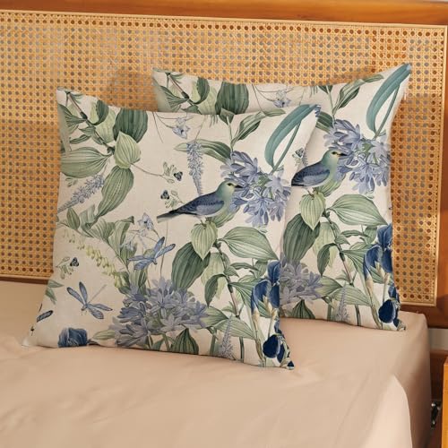 JEFERSO Chinoiserie Pillow Covers 18x18 Set of 2 Blue Green Floral Bird Pillow Cases Vintage Flower Seasonal Outdoor Throw...