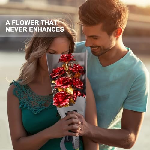 FonteeUS 9Pcs Gold Rose Flower Bouquet, Gold Foil Artificial Rose Bouquet with Gift Box, Romantic Present for Her on Valen...