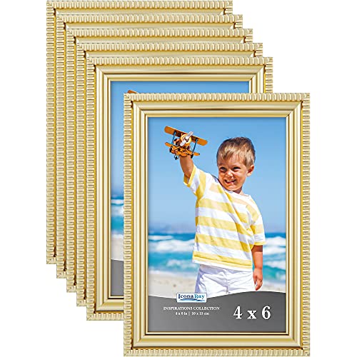 Icona Bay 4x6 Picture Frames (Gold, 6 Pack), Beautifully Detailed Molding, Contemporary Picture Frame Set, Wall Mount or T...