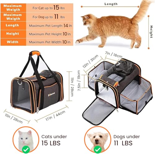 Petinstinct TSA Airline Approved Expandable Pet Carrier, 17"x11"x11" 5-Side Entry Soft-Sided Collapsible Cat Dog Carrier (...