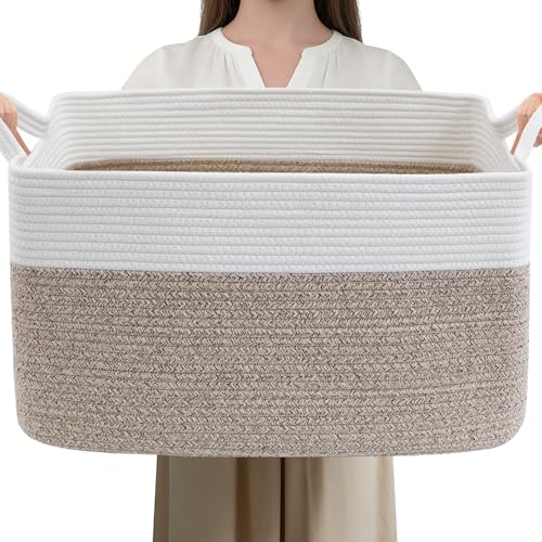 HZFTJOY Large Blanket Basket,Woven Rope Basket Storage Bin with Handles,65L Rectangle Laundry Basket for Magazines,Toys,Cl...