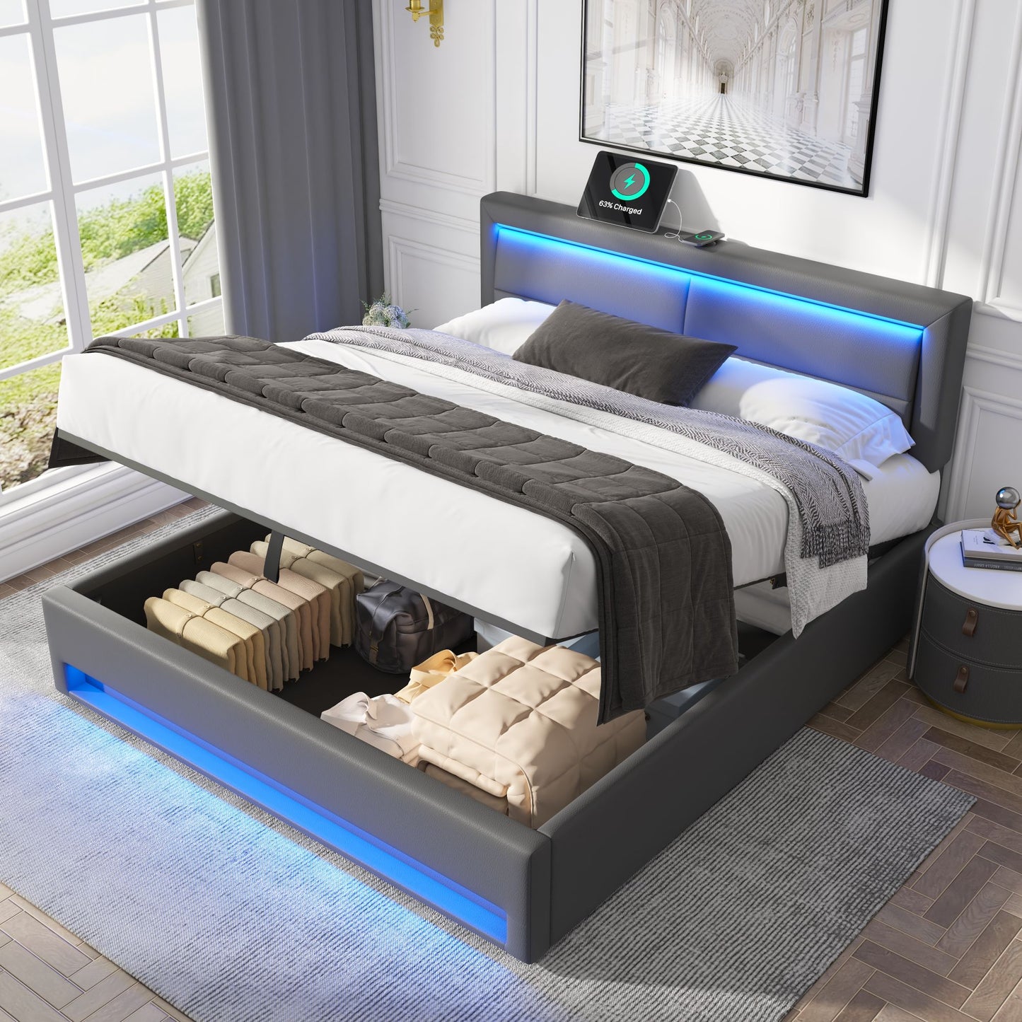 Upholstered Bed 140 X 200 Cm, With USB Port  Supports Wireless And Wired Charging , With LED Lighting And Storage, Without Mattress, PU Lychee Pattern, Grey OLD SKU 3252978AAG