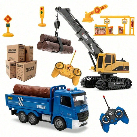 Kids 2 In 1 RC Crane Truck. An Educational Construction Toy With Flashing Lights, Logs, And DIY Accessories. A Fun And Interactive Christmas Present That Encourages Creativity And Problem Solving.