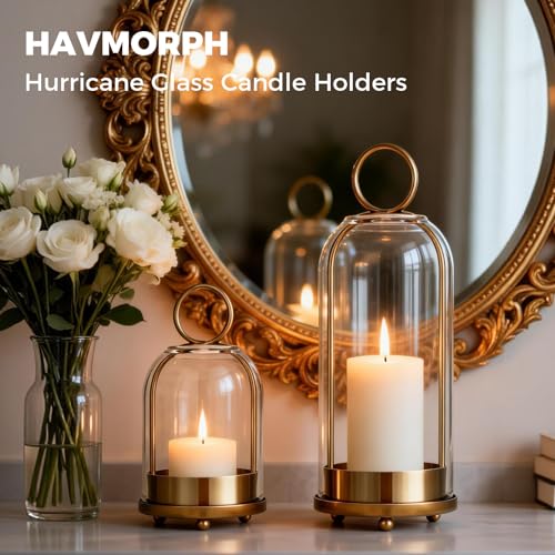 Havmorph 5"&4" Hurricane Glass Candle Holders, Hanging Brass Metal Candle Holder for Pillar Candles Table Coffee Table Dec...