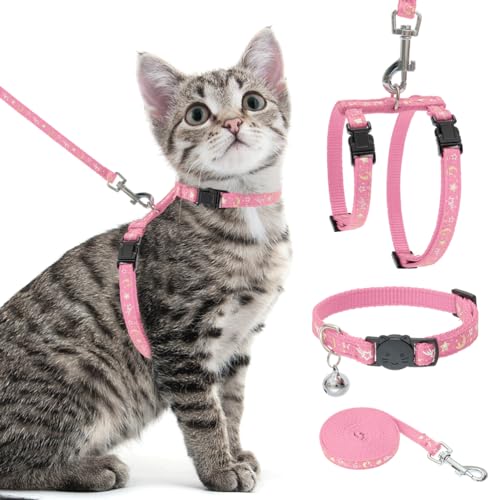 PAWCHIE Cat Harness with Leash and Collar Set - Escape Proof Adjustable H-shped Cat Harness with Star and Moon Pattern Glo...