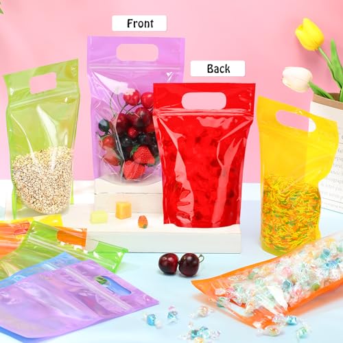Sinload 60 Pcs Plastic Gift Bag Bulk 5.5 x 8.7 Inch Resealable Party Goodie Bag with Clear Window Color Favor Pouch with H...