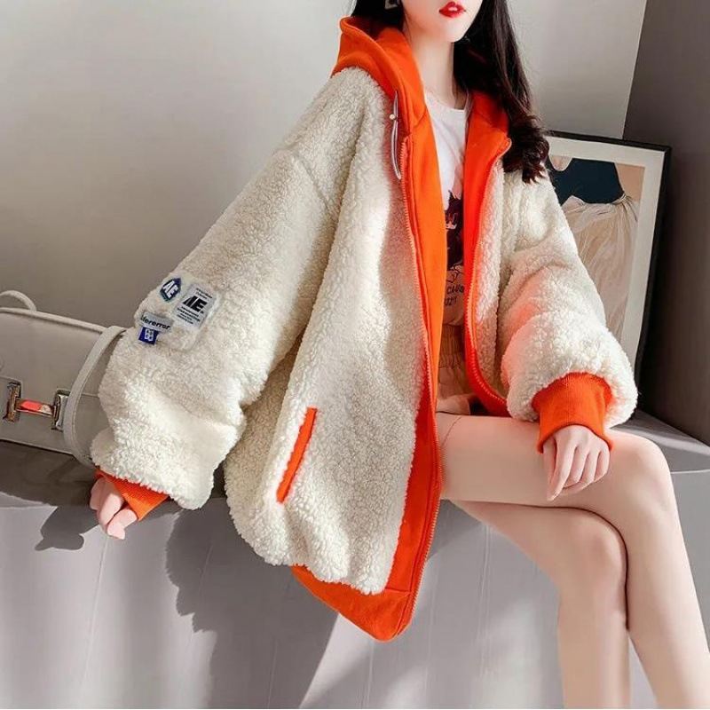 Korean-style Loose-fitting Hooded Color-block Patchwork Fleece Coat For Women
