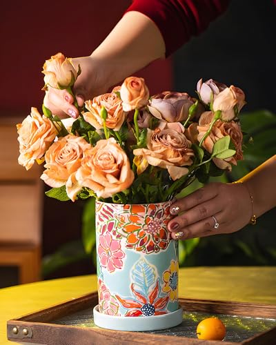 Utensil Holder for Kitchen Counter, Large Ceramic Utensil Holder Crock with Drain Tray, Hand-Painted Floral Rustic Farmhou...