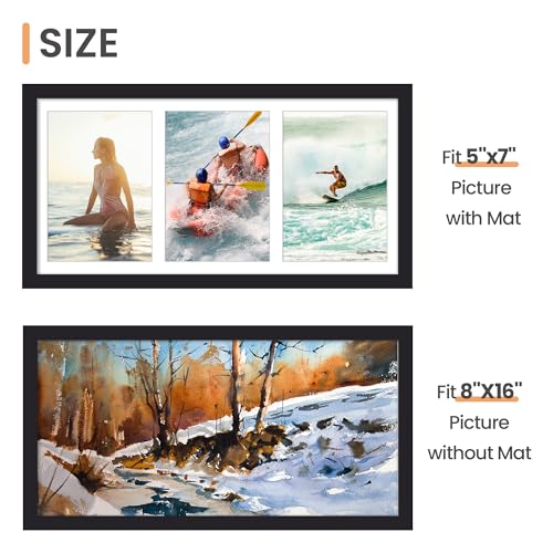 upsimples 8x16 Collage Picture Frame, Display Pictures 3 5x7 with Mat or 8x16 Without Mat, Wall Hanging 3 5x7 Picture Fram...
