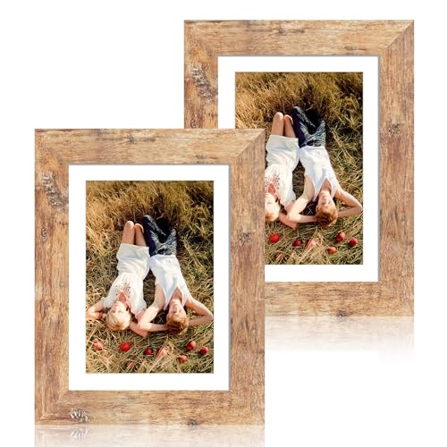 iRahmen 5x7 Picture Frame Set of 2, Rustic Brown Frame with High Definition Glass, Display Pictures 4x6 with Mat or 5 x 7 ...