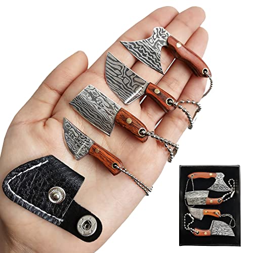 STARDW Damascus Pocket Knife Set, EDC Knife with Sheath,Mini Chef Keychain Knife Set, Tiny Things for Box Cutter Letter Op...