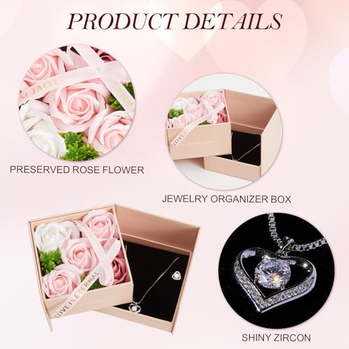 WDS WONDROUS Preserved Rose Jewelry Gift Set for Women, Forever Rose Flower with Heart Necklace & Earrings for Valentine's...