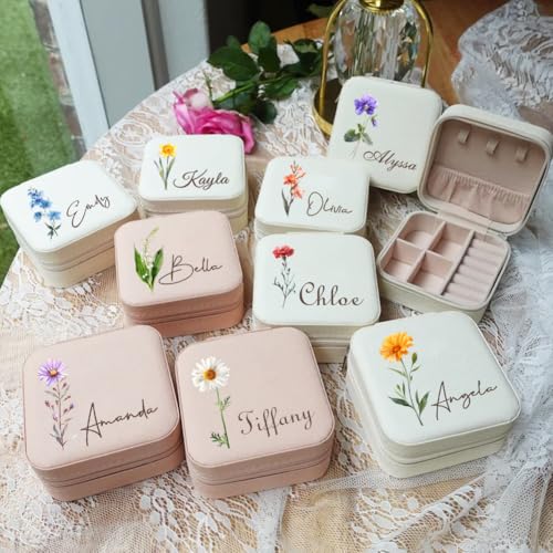 Corissy Personalized Jewelry Box for Women, Custom Travel Jewelry Case with Name and Birth Flower, Leather Jewelry Box for...