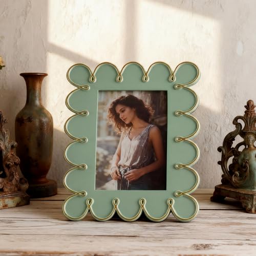 AceOrbit 4x6 Inch Sage Green Petal Wave Picture Frame Cute Wavy Edge Resin Scalloped Photo Frame for Desktop Display Home ...