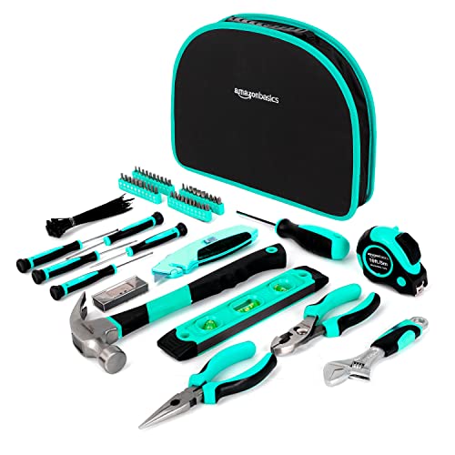 Amazon Basics 104-Piece Home Repair Household Tool Set with Easy Carrying Round Pouch, Portable Hand Tool Kit, Turquoise, ...