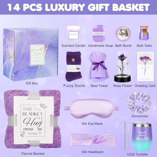 Birthday Gifts for Women, Relaxing Spa Gifts Care Package with Luxury Flannel Blanket, Light-Up Rose Flower, Unique Mother...