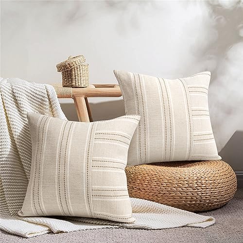 AELS 18x18 Decorative Farmhouse Linen Throw Pillow Covers, Boho Textured Pillow Case, Set of 2, Beige with White & Brown S...