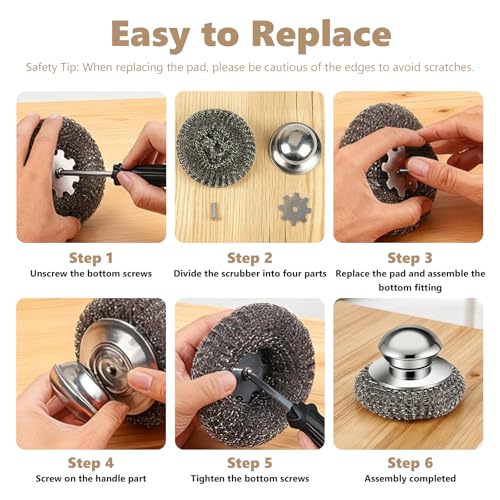 Steel Wool Scrubber, 4-Pack Stainless Steel Scrubber Pads with Handle - The Ultimate Scouring Solution for Rust, Stubborn ...