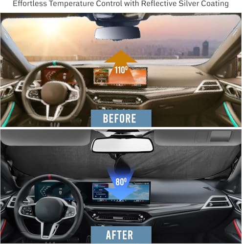 Foldable Car Windshield Sun Shade – 280T Thickened Reflective UV & Heat Shield with Storage Bag, Keeps Interior Cool, Univ...