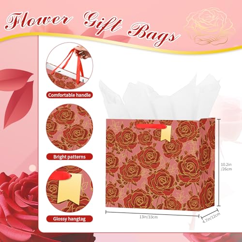 Bloomwords 13" Mother's Day Bags with Card Tissue(Rose Flower) - Birthdays, Valentine’s, Weddings, Anniversaries, Kit incl...