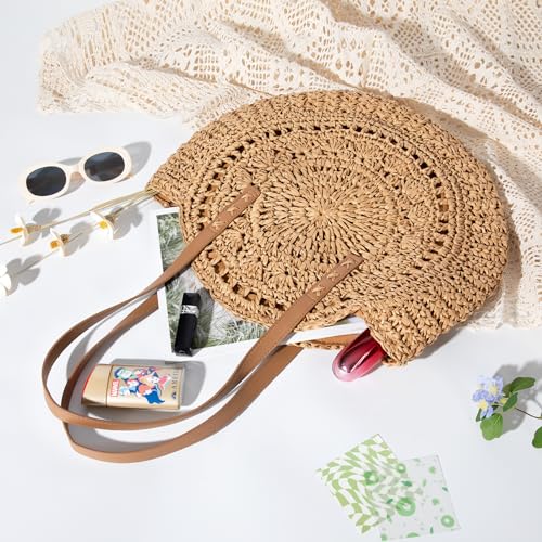 Pleneal Straw Beach Bags for Women - Women Beach Handmade Woven Tote Bag, Summer Mesh Hollow Shoulder Bag for Holiday