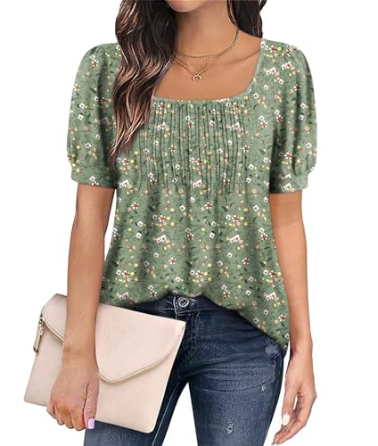 Zwurew Women's Summer Casual Puff Short Sleeve T-Shirts Square Neck Pleated Flowy Trendy Tunic Tops for Leggings S-2XL