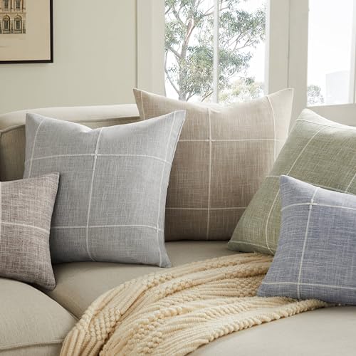 YZJZEDS 2 Packs Grid Embroidery Lumbar Throw Pillow Covers, 12x20 Inch Taupe, Farmhouse Linen Decorative Light Brown Cushi...