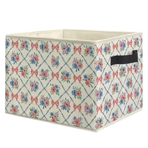 ROXMART Pink and Blue Bow Floral Storage Bin Box, Coquette Preppy Ribbon Bow Flower Collapsible Storage Basket Organizer f...