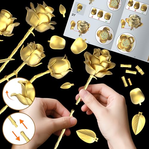 Metallic Gold Roses Flower Bouquet Building Sets, 670Pcs Golden Roses Botanical Collection Compatible with Lego Flowers Va...