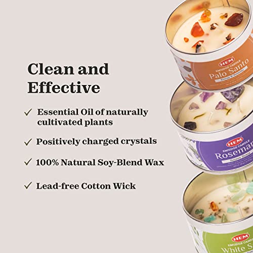 HEM Crystal Candle Gift Set – 3 Natural Soy Wax Candles (9.5 oz) | White Sage, Palo Santo & Rosemary Scents | 65-Hour Burn...