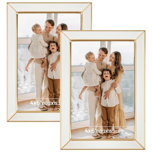 Frametory Enamel Picture Frame - 4x6 Gold Metal Edge White Enamel Picture Frame With Easel and Velvet Back for Tabletop Di...