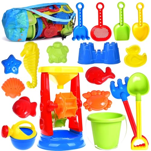 Beach Toys, 19 Piece Sand Toys Set Kids Sandbox Toys Includes Water Wheel Beach Tool Kit Bucket Watering Can Molds with Me...
