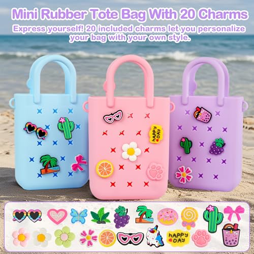 Silicone Small Rubber Beach Bag with 20 Charms, Hole Handbag With Adjustable Shoulder Strap, Girls and Woman