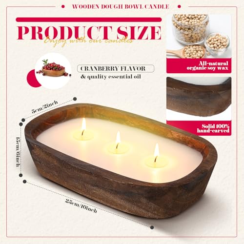 Threlaco 1 Pack 10 Inch Wood Dough Bowl Candles Home Rustic Dough Bowl Soy Candle 3 Wick Scented Candles Gifts for Men Wom...