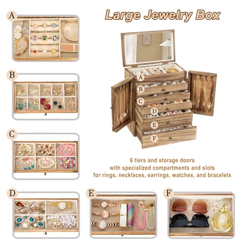 Emfogo Wooden Jewelry Box for Women, 6-Tier Large Jewelry Organizer Boxes with Mirror Rustic Solid Wood jewlery Storage Di...