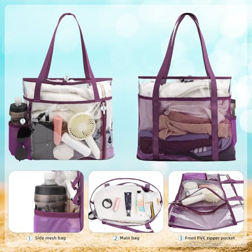 TINYAT Beach Tote Bag for Women Large Capacity - Waterproof Sandproof 6 Pockets with Zipper Gym Travel Shopping Handbag